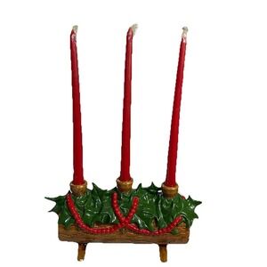 Vintage 1960's Christmas Yule Log Ceramic Centerpiece 3 Candlestick Holder *see